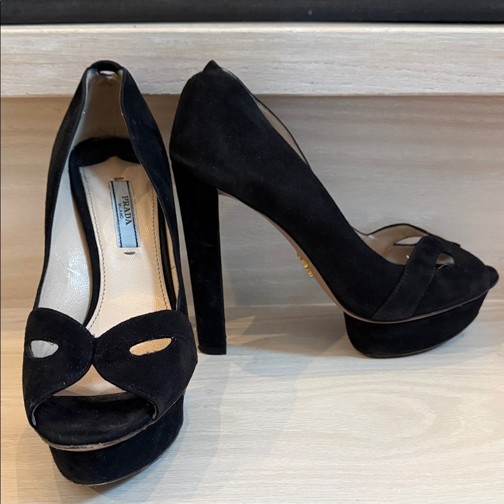 Prada Black Suede Platform Peep-Toe Heels